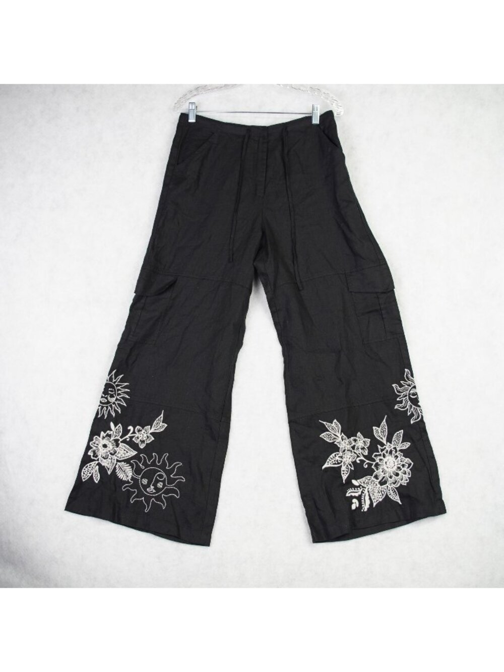 Johnny Was Womens Addison Linen Embroidered Pant Sz PS Wide Leg Cargo Pocket NWT